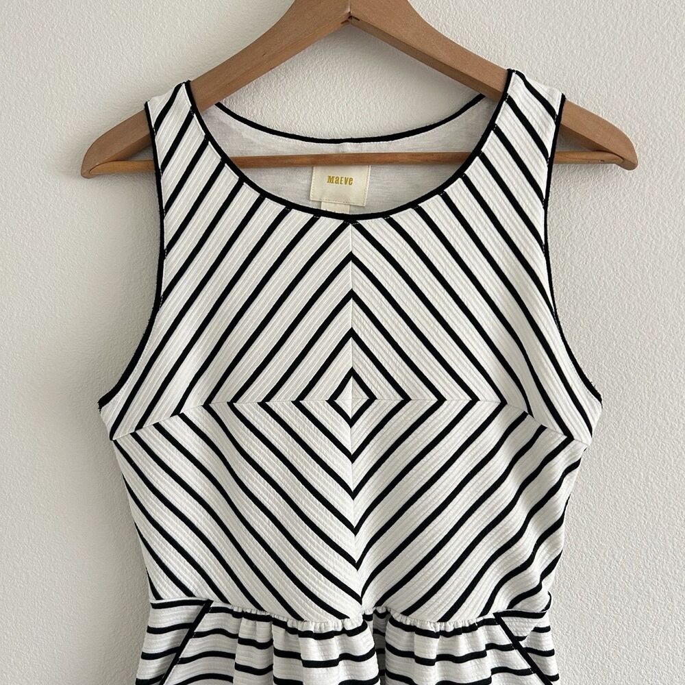 Anthropologie Maeve Mitred Diamond Stripe Dress Pleated FIt+Flare Pockets Size 8 - Picture 3 of 16